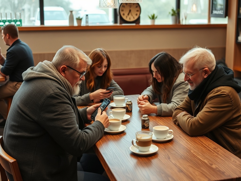 В кафе за столом сидят четверо людей, пьют кофе и смотрят в телефоны, на столе несколько чашек.