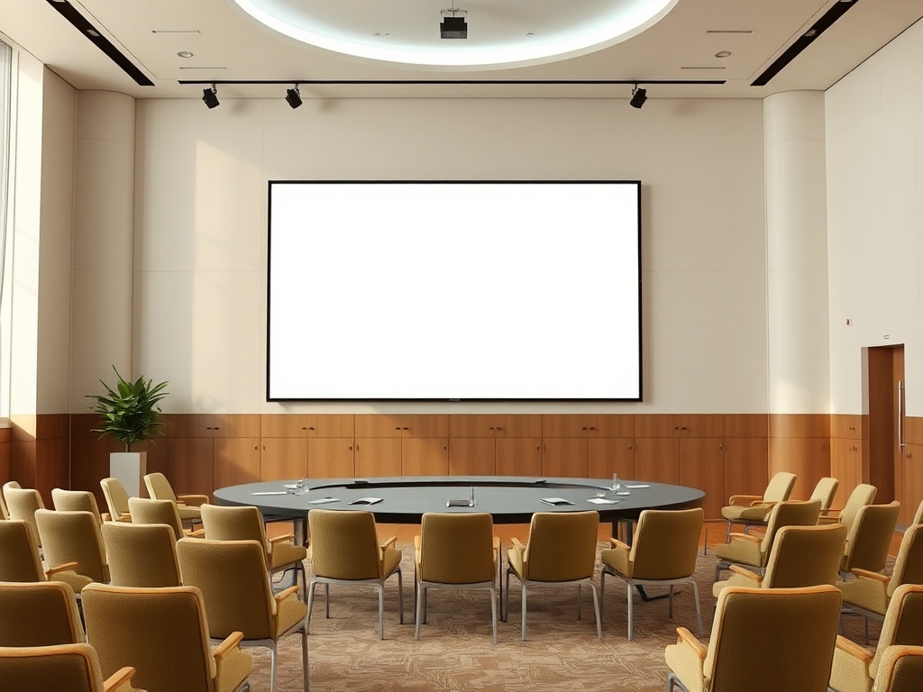 Современный конференц-зал с круглыми столами и пустым экраном для презентаций.