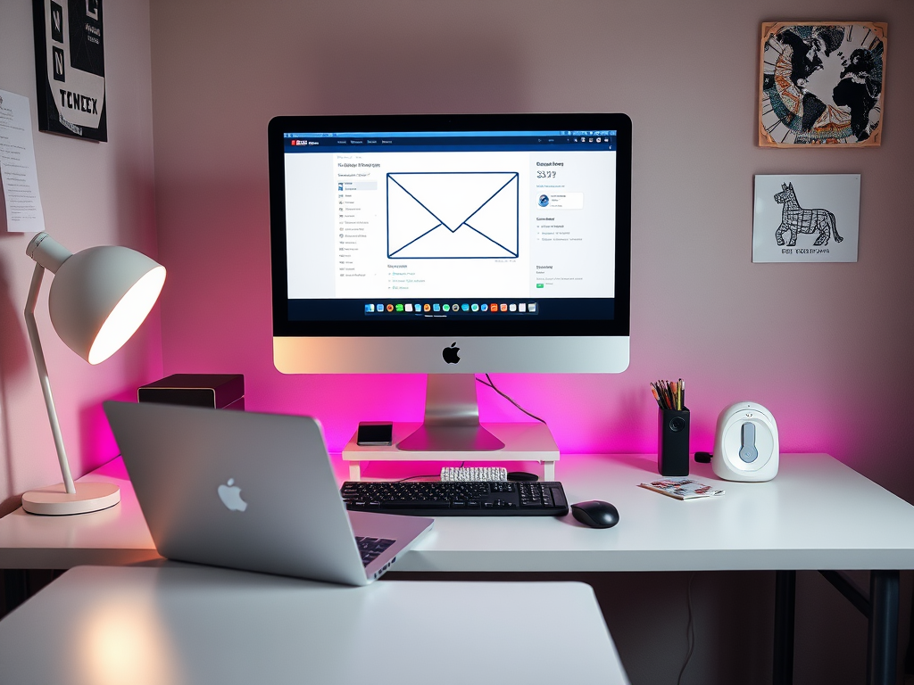 Современный офис: iMac с открытым почтовым приложением, ноутбук и настольные принадлежности на белом столе.