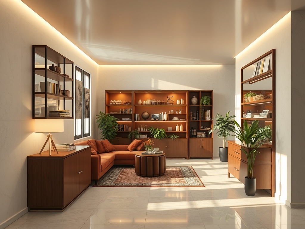 Современный интерьер с уютным диваном, полками и растениями в светлом помещении.