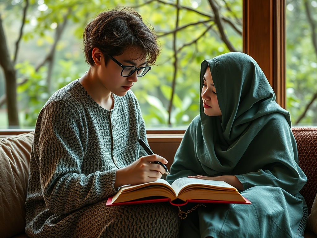 Два человека сидят рядом, один читает книгу, второй наблюдает, окружённые зеленью и мягким светом.