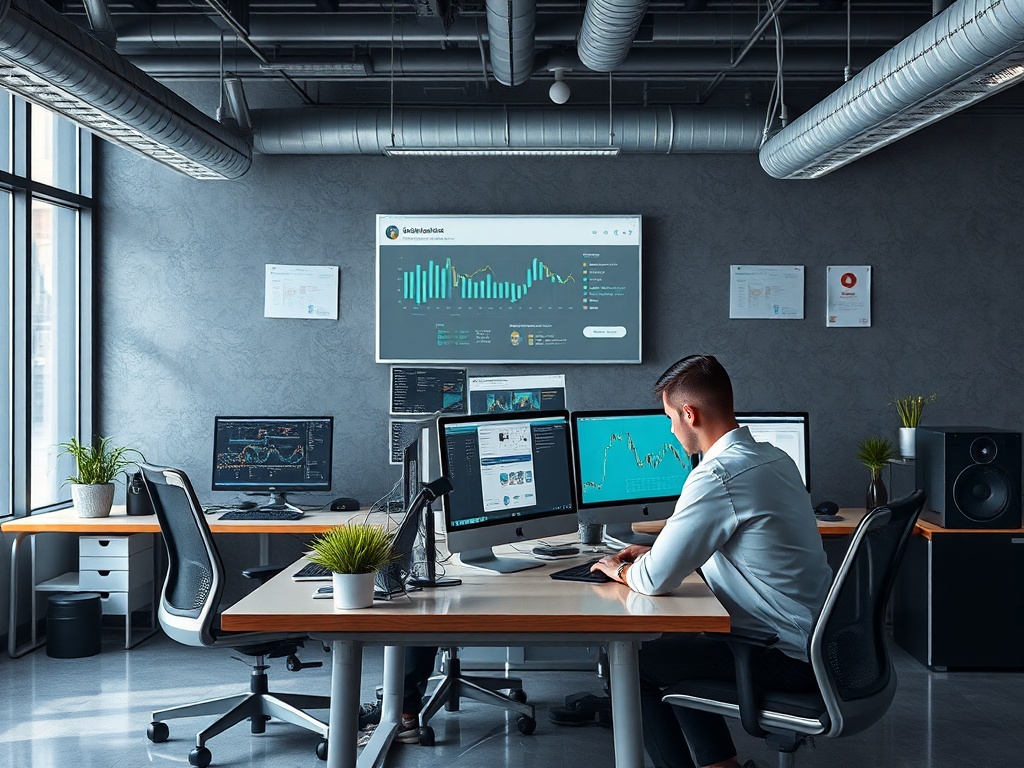 Современный офис с компьютерами. Человек анализирует финансовые данные на экране. Уютная атмосфера.