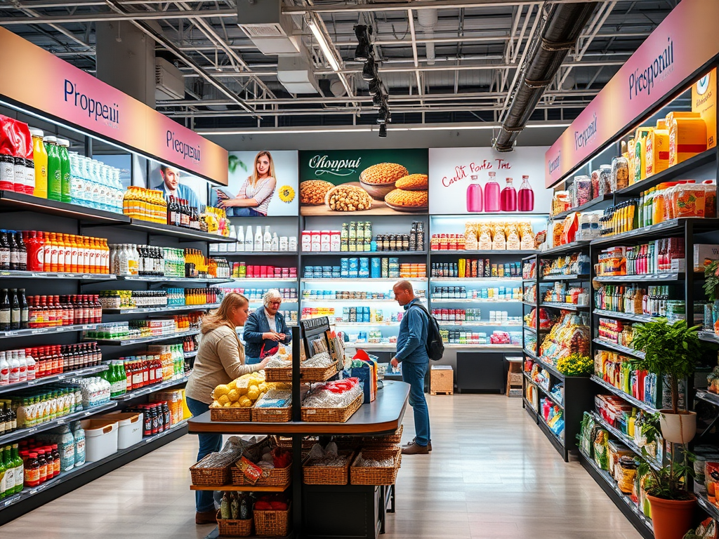 Супермаркет с разнообразными продуктами на полках и покупателями, выбирающими товары. Яркие упаковки и продукты.