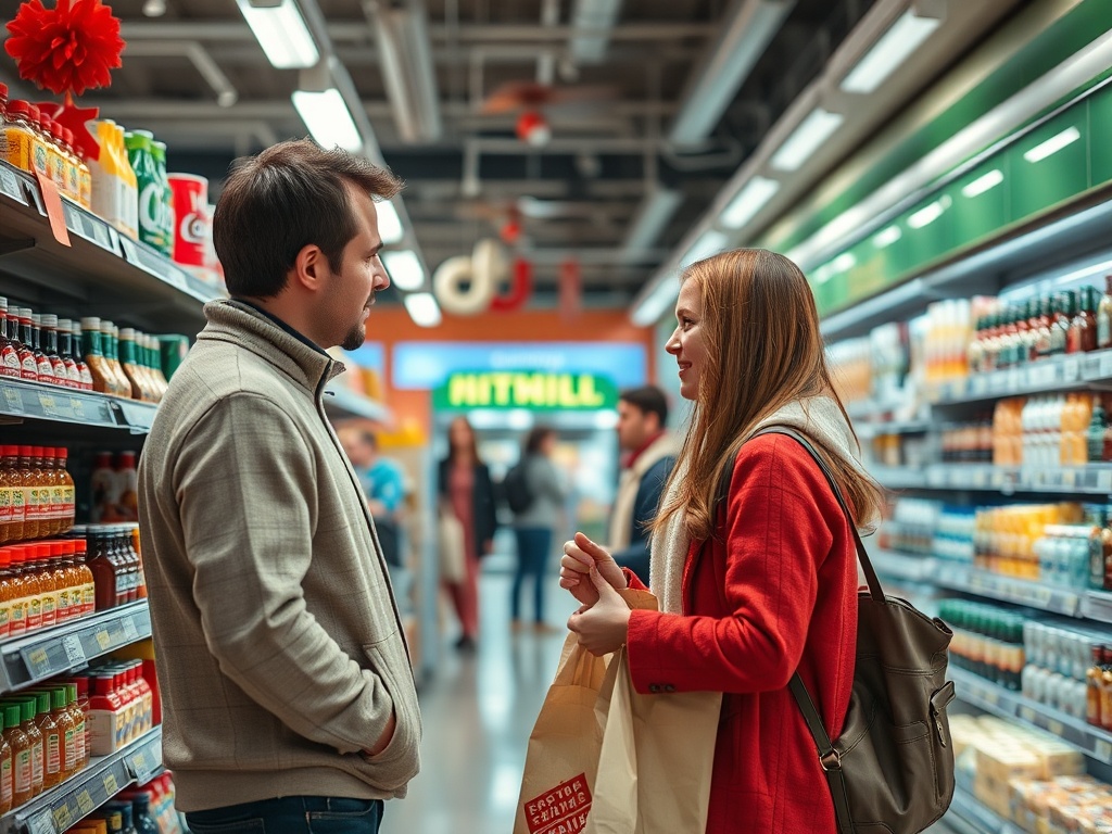 Два человека общаются в магазине, вокруг буйство упаковок с продуктами на полках. Женщина с сумкой в руке.
