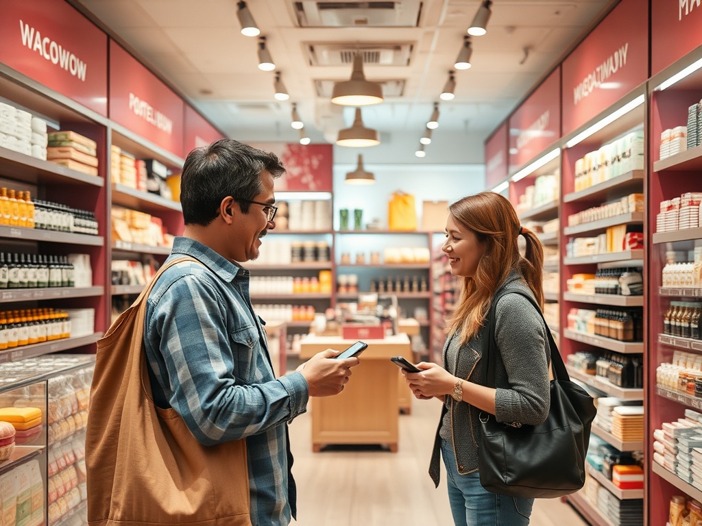 Мужчина и женщина общаются в магазине, держа в руках смартфоны. Полки полны различных товаров.