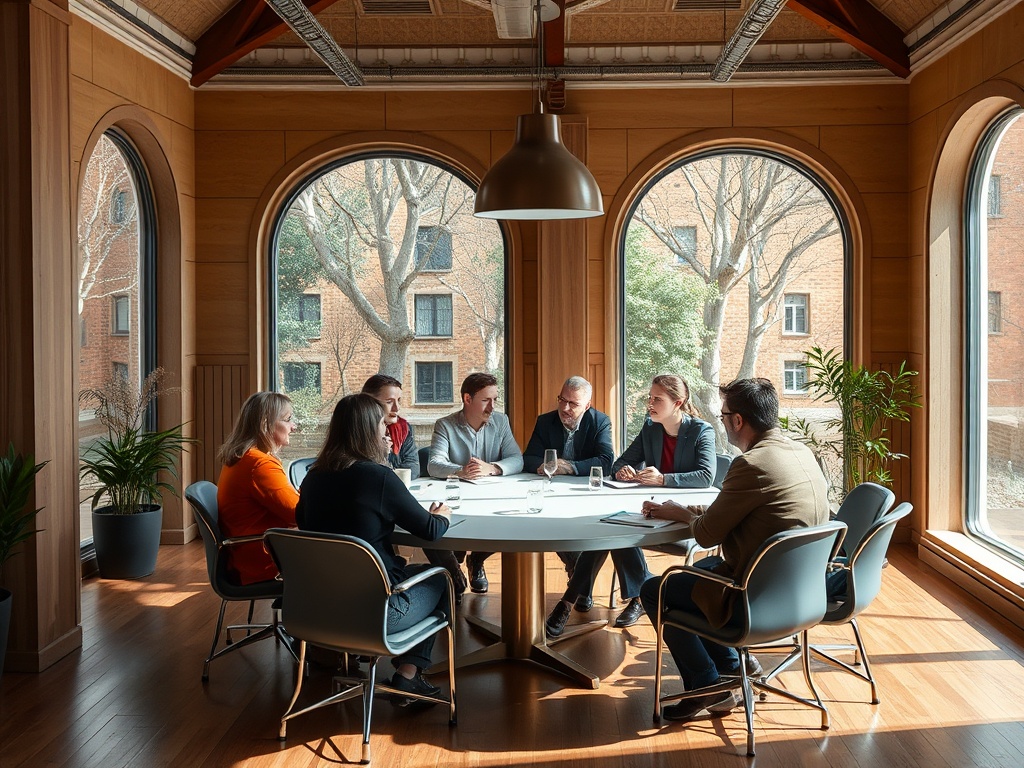 Группа людей обсуждает идеи за круглым столом в ярком конференц-зале с большими окнами.