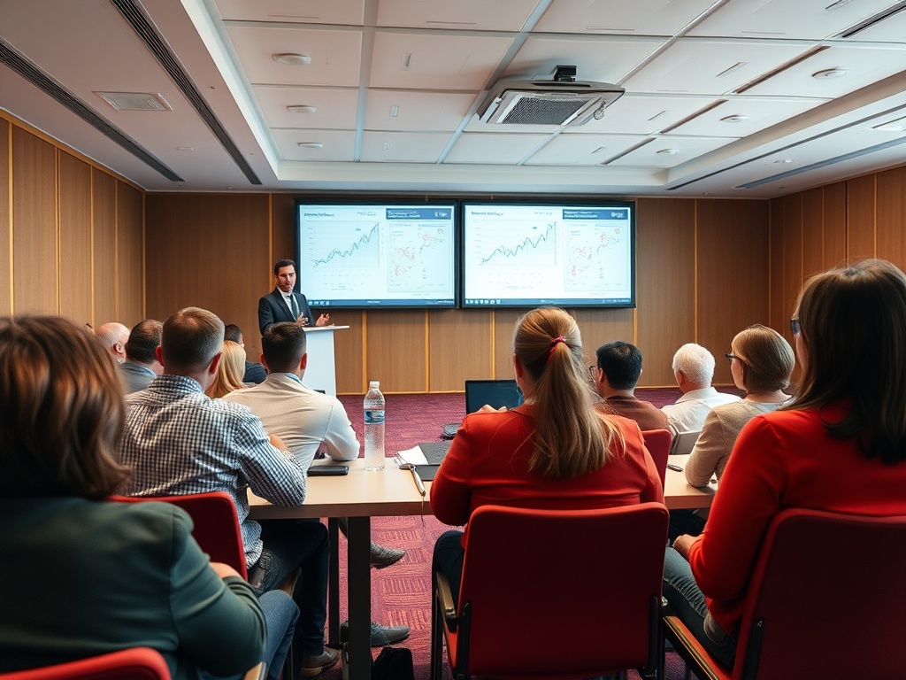 На собрании обсуждаются графики, презентация идет перед аудиторией из десятков человек.