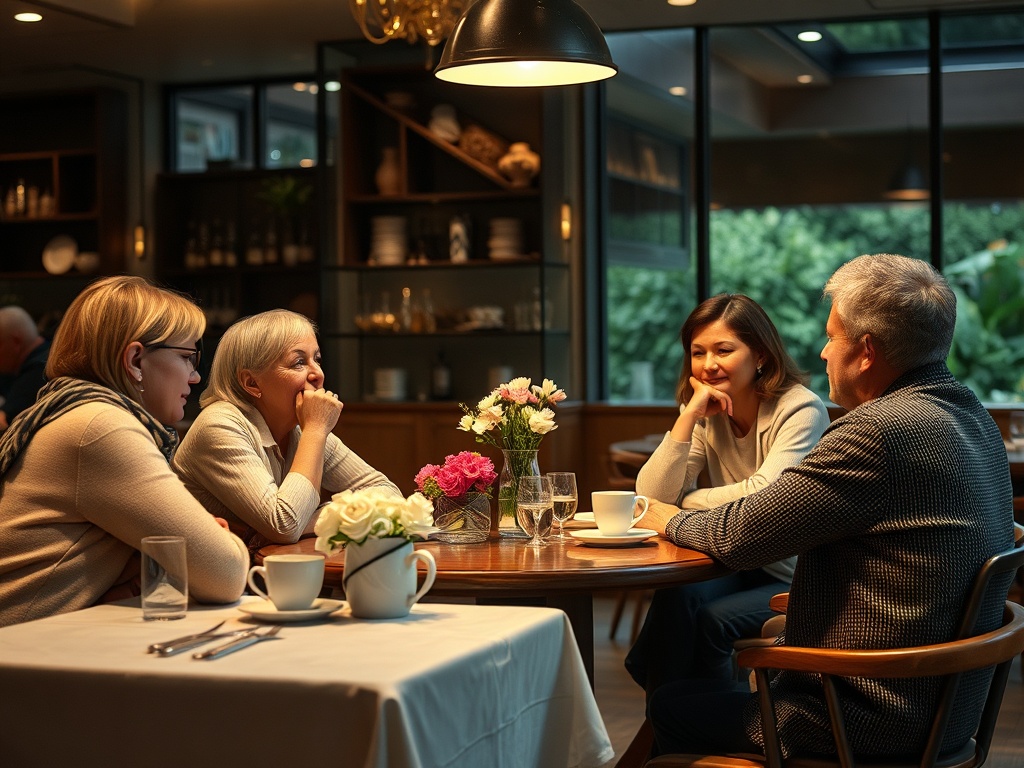 Четыре человека в кафе обсуждают, на столе цветы и чашки с напитками в уютной атмосфере.