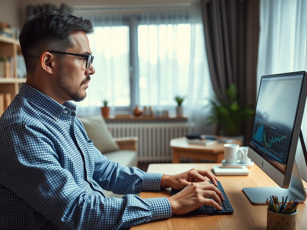 Мужчина в очках работает за столом, смотря на компьютер с графиками и данными в современном интерьере.