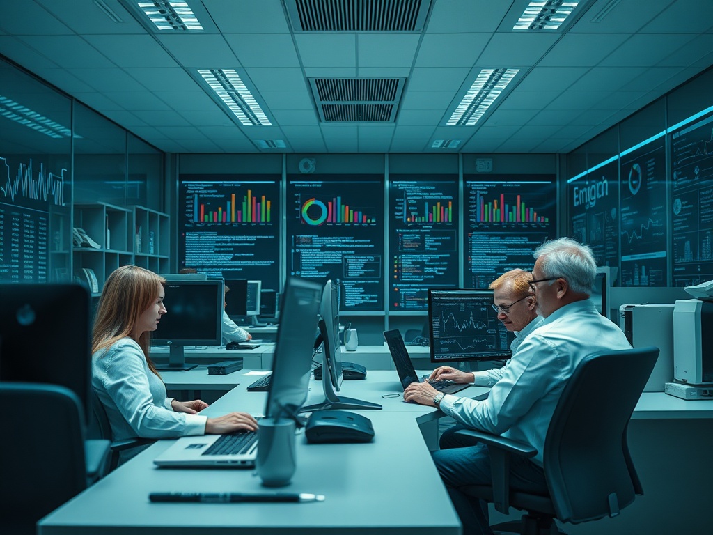 В офисе работают трое специалистов за компьютерами, анализируя данные на экранах с диаграммами.