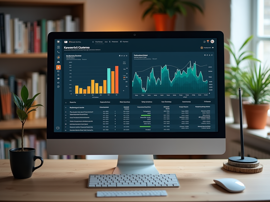 Монитор с данными аналитики и графиками производительности на фоне уютного интерьера.