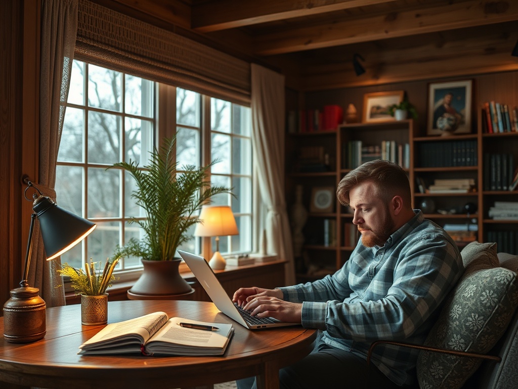 Мужчина за столом работает на ноутбуке в уютной комнатe с большими окнами и книжными полками.